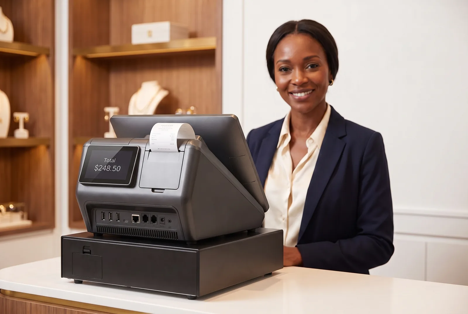 A smiling shopkeeper facing the customer across a counter terminal, its customer display showing the total while a receipt prints